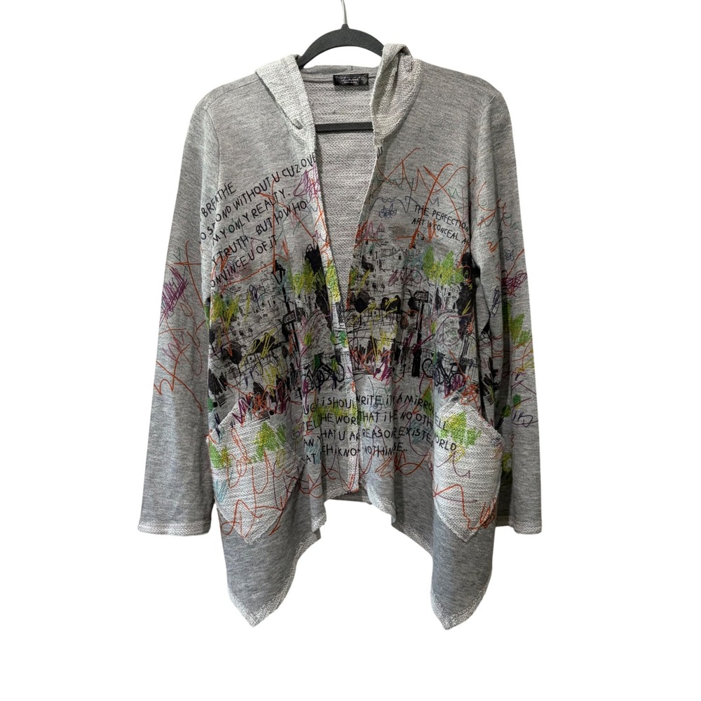 Inoah Graffiti Script Hoodie Cardigan Women Large Grey Open Front Sweatshirt